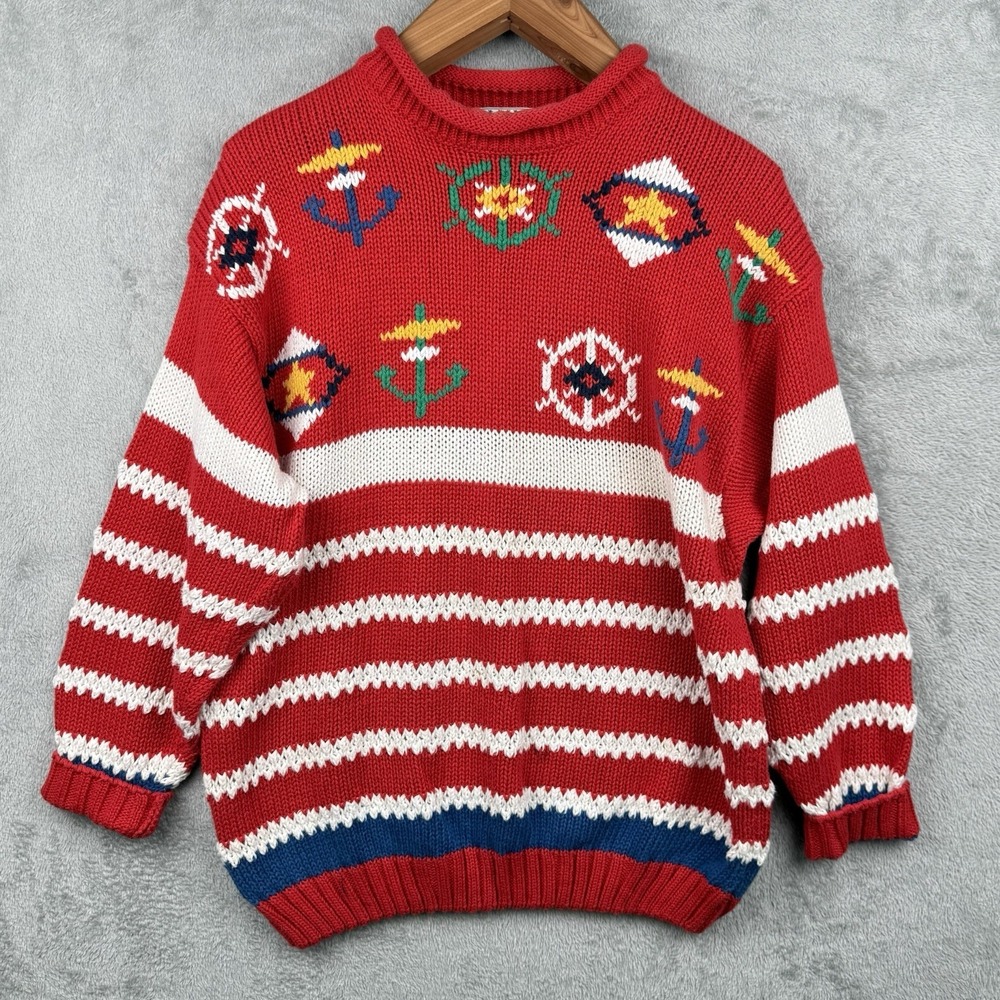 Gina Peters Sweater Womens L Red Nautical Anchor Stripes Sailing Beach VTG 90s